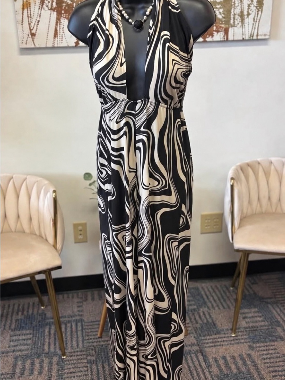 Forever 21 Black & White Halter Jumpsuit with Swirl Print